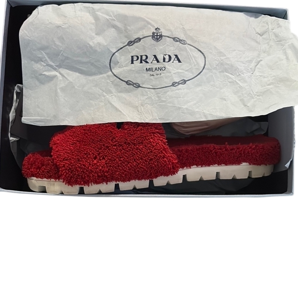 Prada Milano Red Fuzzy Slides